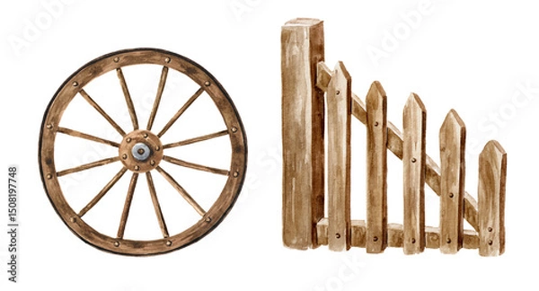 Fototapeta Wooden garden gate and cart wheel, set in rustic style. Hand drawn watercolor illustration isolated on white background