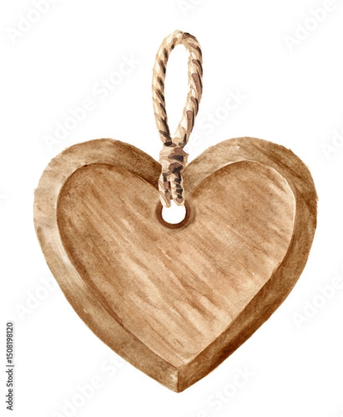 Fototapeta Wooden heart on a string, rustic style. Hand drawn watercolor illustration isolated on white background