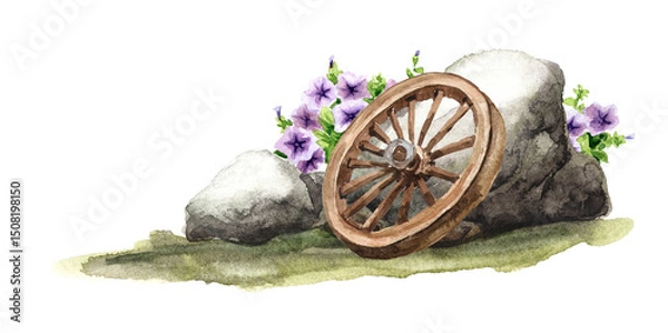 Fototapeta Wooden wheel decorated with rustic flowers. Hand drawn watercolor illustration isolated on white background