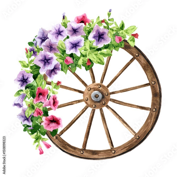 Fototapeta Wooden wheel decorated with rustic petunia flowers. Hand drawn watercolor illustration isolated on white background