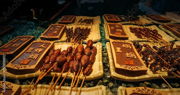 Fototapeta Chengdu, Sichuan, China. Insects on sticks at local Chinese market, close-up view. Various cooked insects thread on skewers. New Source Of Protein , Lipids, Minerals, And Vitamins. Fried Insects