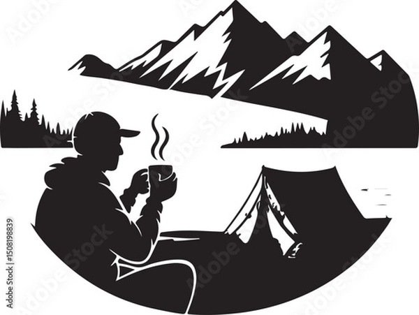 Fototapeta A man is playing guitar by the campfire in the forest vector silhouette