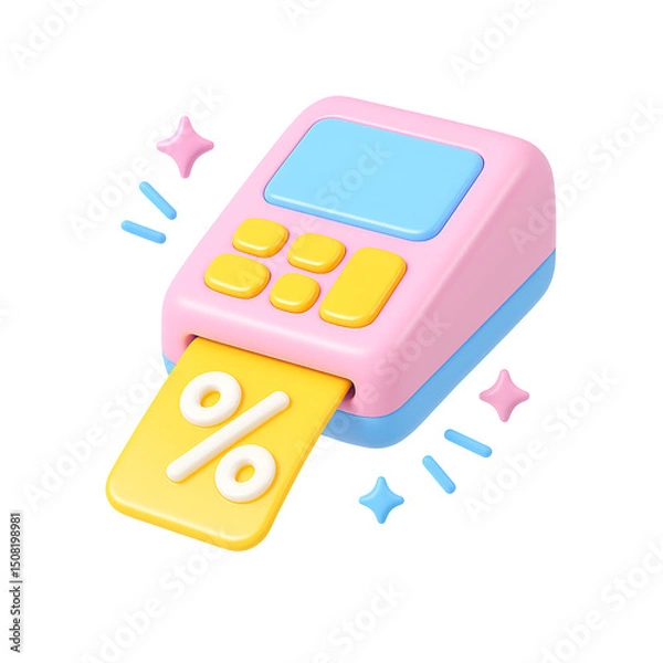 Fototapeta 3D cartoon-style POS terminal printing yellow discount percentage slip for transaction and price reduction
