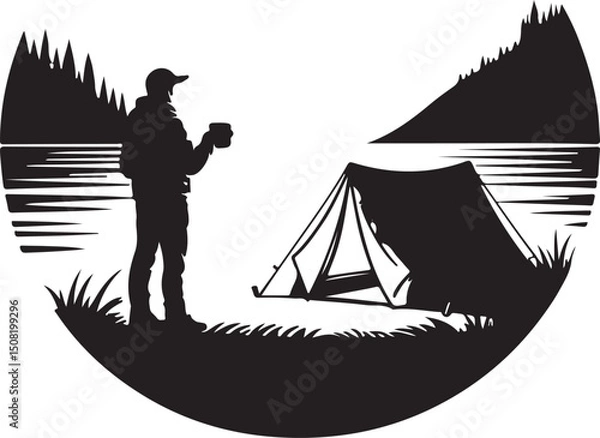 Fototapeta Camping Silhouette by the Lake Vector Silhouette