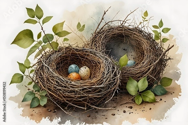 Obraz Robin’s nest with eggs in it in watercolor style