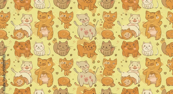 Fototapeta Adorable Cartoon Cats Seamless Pattern Cute Kittens Watercolor Texture Pastel Background