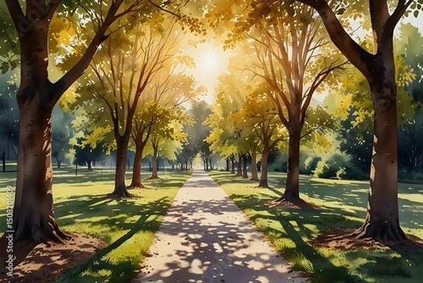 Obraz Sunlit pathway in a park with shadows in watercolor style