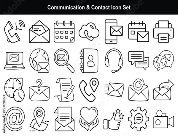 Fototapeta Communication & Contact Line Icon Set – Phone, Email, Messaging, Location, and Support Symbols