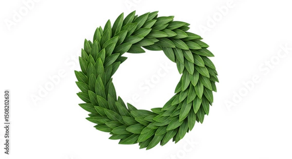 Fototapeta A green laurel wreath made of leaves isolated on a black background in a circular shape design
