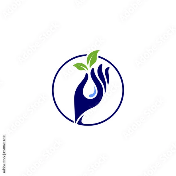 Obraz Hand logo holding green leaf with  with water drop