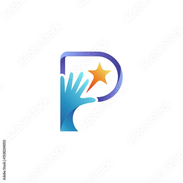 Obraz P letter logo with hand reaching star simple design concept