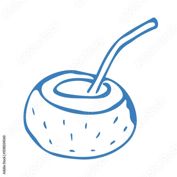 Obraz Hand drawn blue coconut in doodle style. Mediterranean summer icon, element for italian menu, wedding, print, invitation. Ink sketch design of summer beach. Flat tropical minimalist vector illustratio