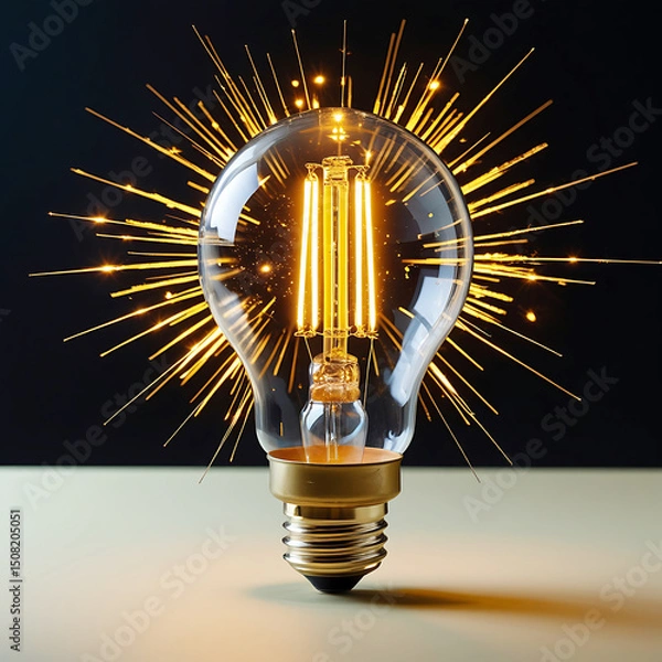 Fototapeta Bright, glowing light bulb on a vibrant or dark background symbolizes energy, inspiration, and the power of a new idea or invention