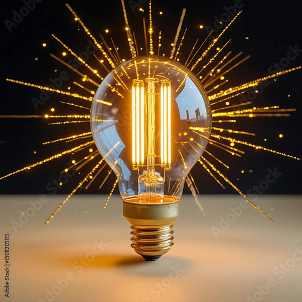 Fototapeta A bright, glowing light bulb on a dark background symbolizes innovation, energy, and a powerful idea