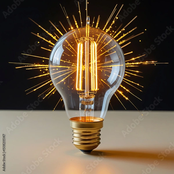 Fototapeta Yellow light bulb on a bright background symbolizes a glowing idea, energy, and business innovation