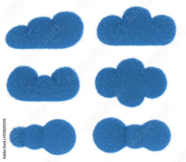 Obraz Cartoon blue clouds from fur or felt material. 3d illustration of cute soft child toy. Realistic creative funny render element.