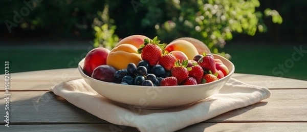 Fototapeta Colorful fruit bowl on a sunny table.
