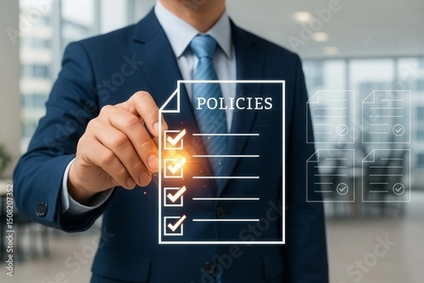 Obraz Businessman Reviewing Important Company Policies Checklist Digital Document Management System Efficient Workflow Strategy Modern Business Technology Planning Corporate Governance Risk Management      