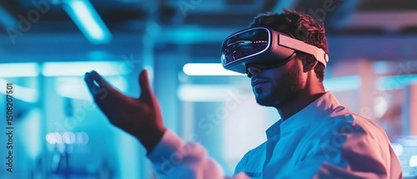 Fototapeta Person using virtual reality headset in lab.