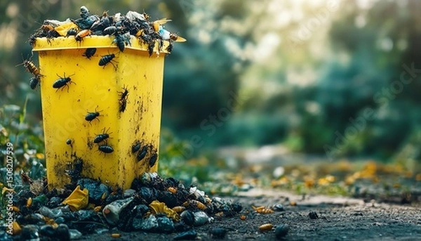 Fototapeta Yellow trash bin overflowing with insects.
