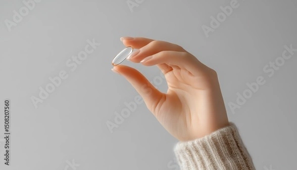 Fototapeta A hand holding a small transparent object.