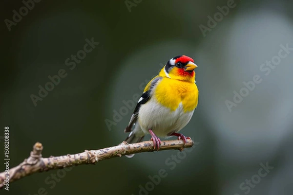 Fototapeta Vibrant Goldfinch Perched on a Tree Branch, Showcasing Its Bright Yellow and Black Plumage in a Serene Natural Setting, Vibrant Wallpaper