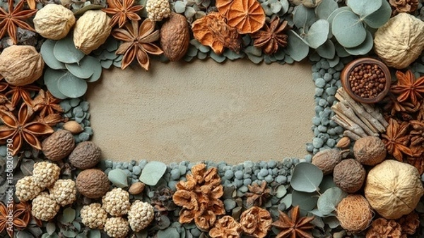 Fototapeta A Full Frame View of Dried Eucalyptus Pods and Spices in an Earthy Decorative Arrangement