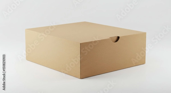 Obraz Empty cardboard box in neutral presentation setting. Box rests on plain white background, closed and ready for product placement.