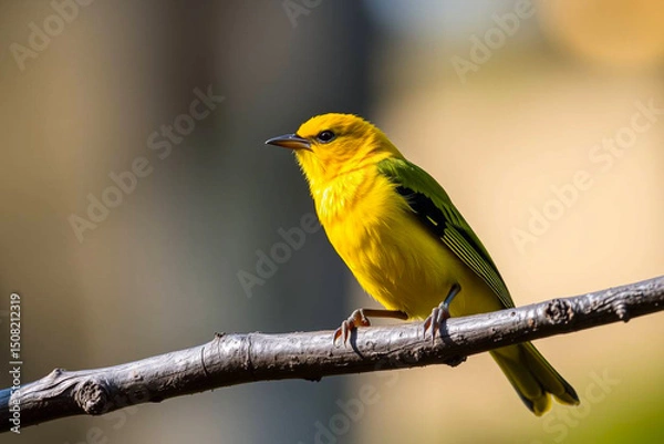 Fototapeta Bright Yellow Tanager Perched on a Tree Branch, Displaying Its Vibrant Yellow Plumage in a Tranquil Natural Setting, Vibrant Wallpaper