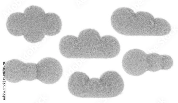 Obraz Cartoon white clouds from fur or felt material. 3d illustration of cute soft child toy. Realistic creative funny render element.