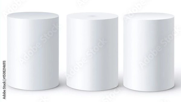 Fototapeta Three blank, light gray cylinders on white background