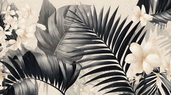 Fototapeta Monochrome 3D Tropical Pattern for Fabric Print