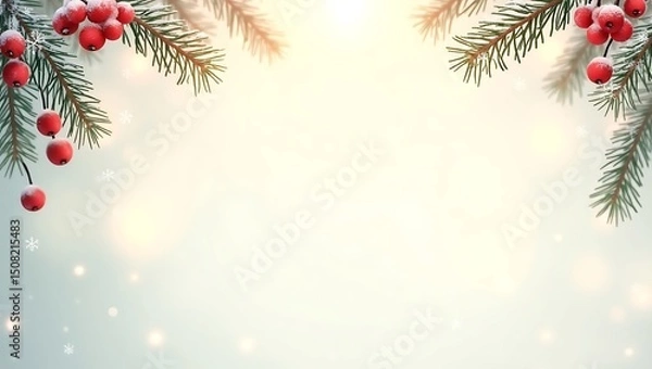 Obraz Festive Christmas Background with Holly Berries and Pine Branches
