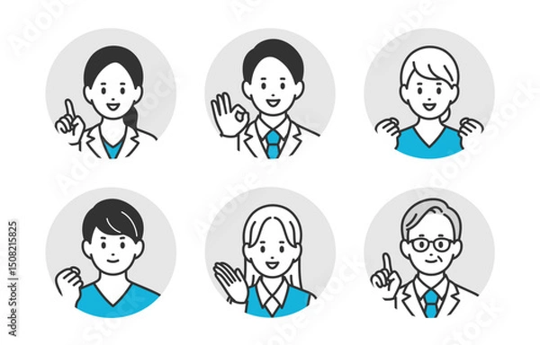 Fototapeta ポジティブな医者･看護師･医療事務の男女顔アイコンセット【人物ベクターイラスト素材】