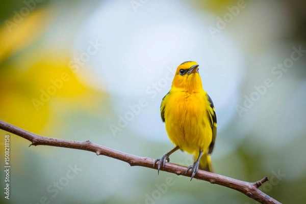 Fototapeta Bright Yellow Tanager Perched on a Tree Branch, Displaying Its Vibrant Yellow Plumage in a Tranquil Natural Setting, Vibrant Wallpaper