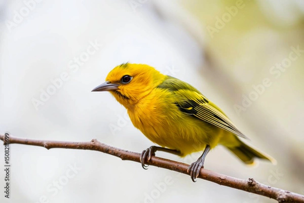 Fototapeta Bright Yellow Tanager Perched on a Tree Branch, Displaying Its Vibrant Yellow Plumage in a Tranquil Natural Setting, Vibrant Wallpaper