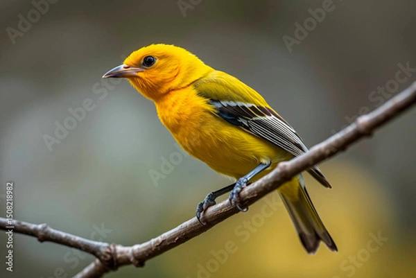 Fototapeta Bright Yellow Tanager Perched on a Tree Branch, Displaying Its Vibrant Yellow Plumage in a Tranquil Natural Setting, Vibrant Wallpaper