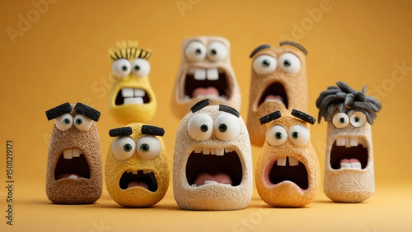 Fototapeta Hilarious set of funny faces shows terrified expressions painted on fingertips, capturing playful and creative moment. These funny stone faces perfect for illustrating emotion in childrens content