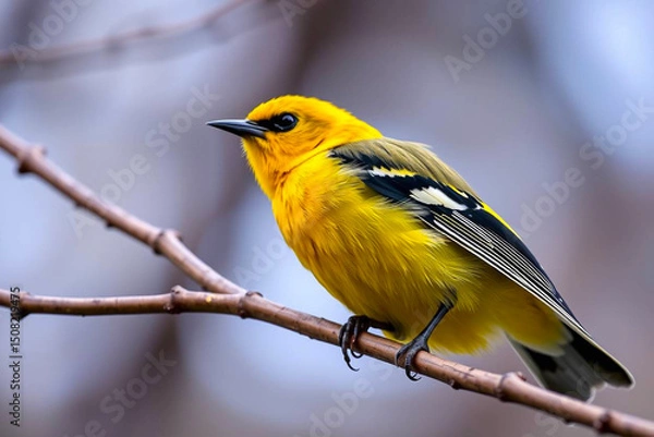 Fototapeta Bright Yellow Tanager Perched on a Tree Branch, Displaying Its Vibrant Yellow Plumage in a Tranquil Natural Setting, Vibrant Wallpaper
