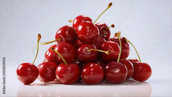 Fototapeta Juicy pile of fresh cherry closeup captured with perfect lighting and detail with glossy red color. This fresh cherry closeup ideal for food concepts, health themes, and summer designs