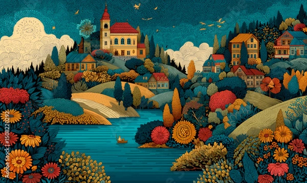 Obraz Illustrations presenting various neighborhoods in a bright and beautiful Russian rural style. The river, houses and way of life are visible