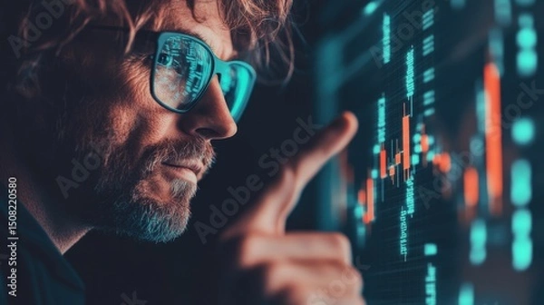 Fototapeta Man Points Data on Screen. Charts Reflect in Eyeglasses. Concept of Cryptocurrency Trading