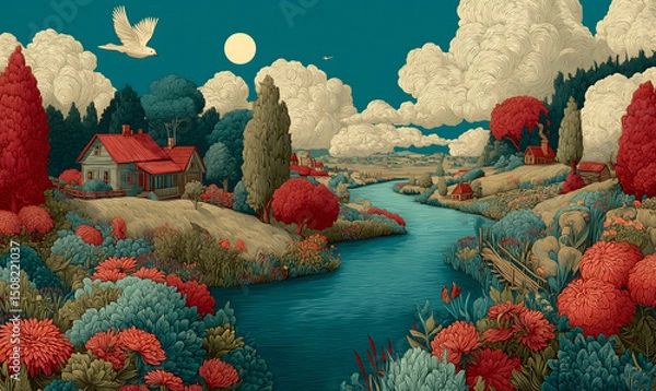 Obraz Illustrations presenting various neighborhoods in a bright and beautiful Russian rural style. The river, houses and way of life are visible