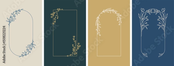 Fototapeta Elegant frames with hand drawn flowers and leaves, line style design template. Vector background for wedding invitation, greeting card, save the date, label, branding