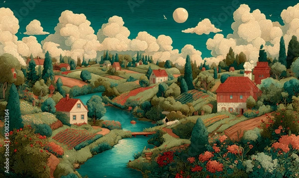 Fototapeta Illustrations presenting various neighborhoods in a bright and beautiful Russian rural style. The river, houses and way of life are visible