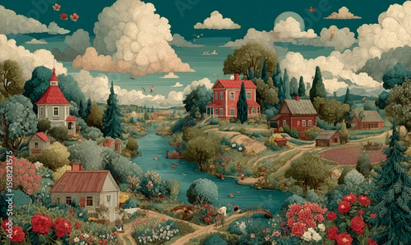 Obraz Illustrations presenting various neighborhoods in a bright and beautiful Russian rural style. The river, houses and way of life are visible
