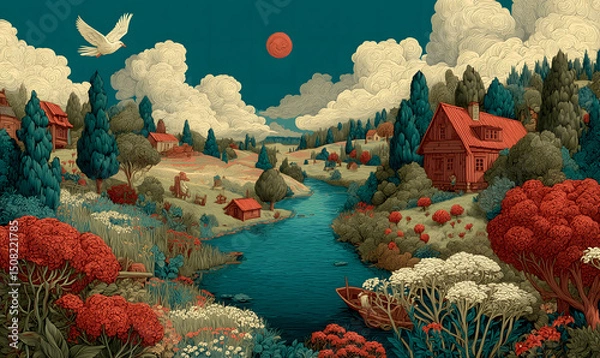 Fototapeta Illustrations presenting various neighborhoods in a bright and beautiful Russian rural style. The river, houses and way of life are visible