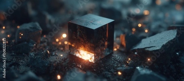 Fototapeta Abstract Cube Burning In Dark Environment