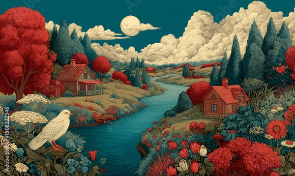 Obraz Illustrations presenting various neighborhoods in a bright and beautiful Russian rural style. The river, houses and way of life are visible