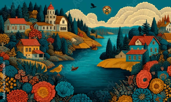 Obraz Illustrations presenting various neighborhoods in a bright and beautiful Russian rural style. The river, houses and way of life are visible